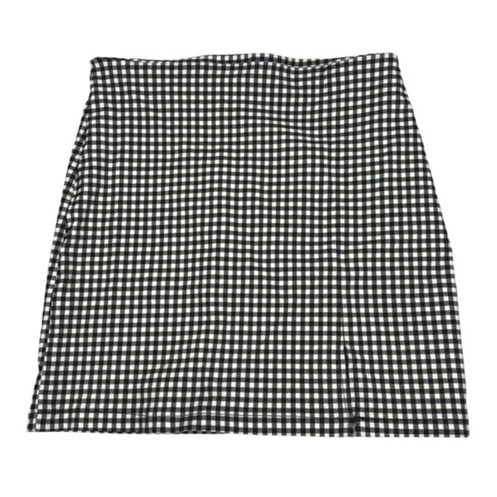 Black‎ White Gingham Check Mini Skirt High Waist Split Hem
